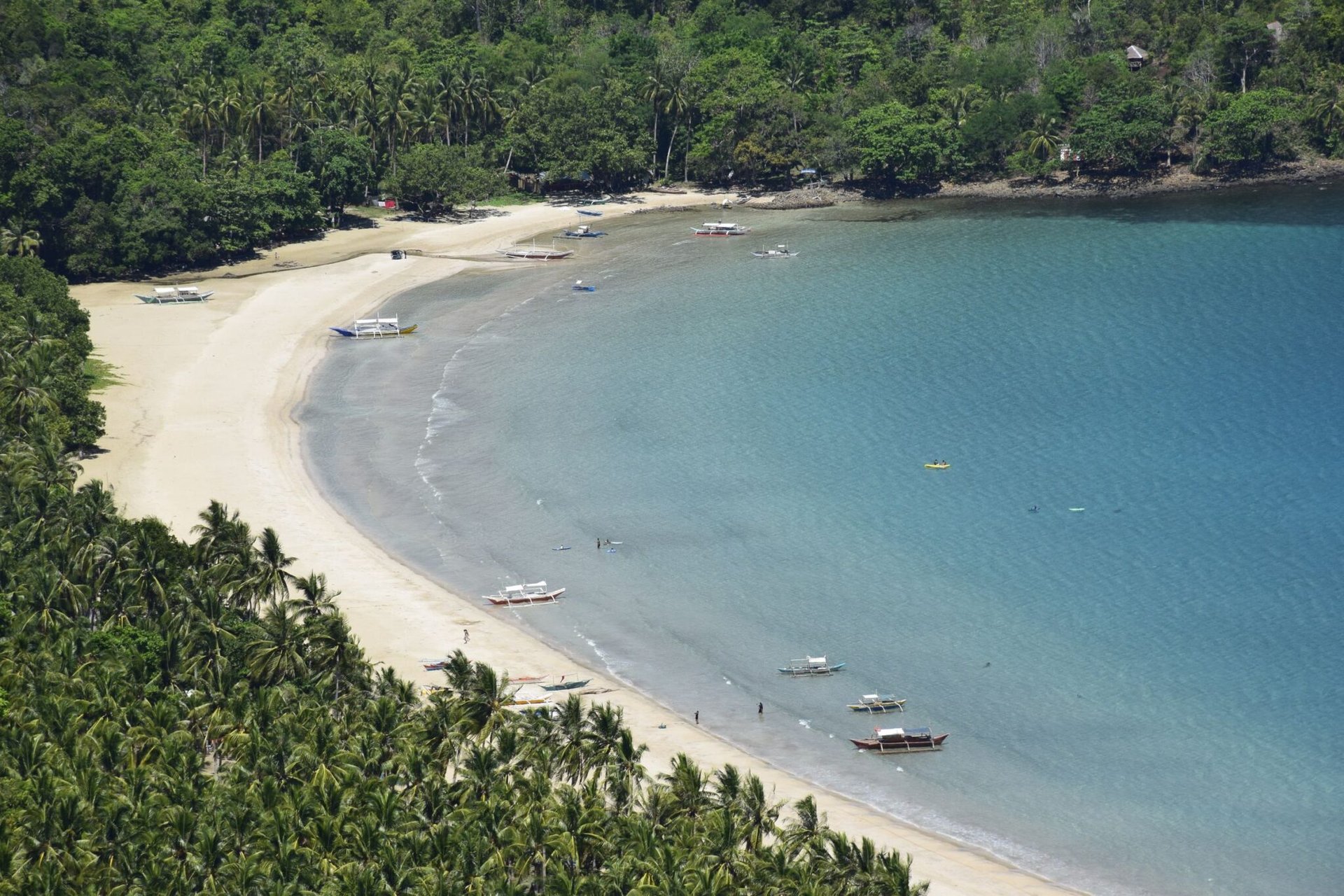 Aerial view of Nagtabon Beach in Palawan, Philippines, showcasing crystal-clear waters and lush greenery.