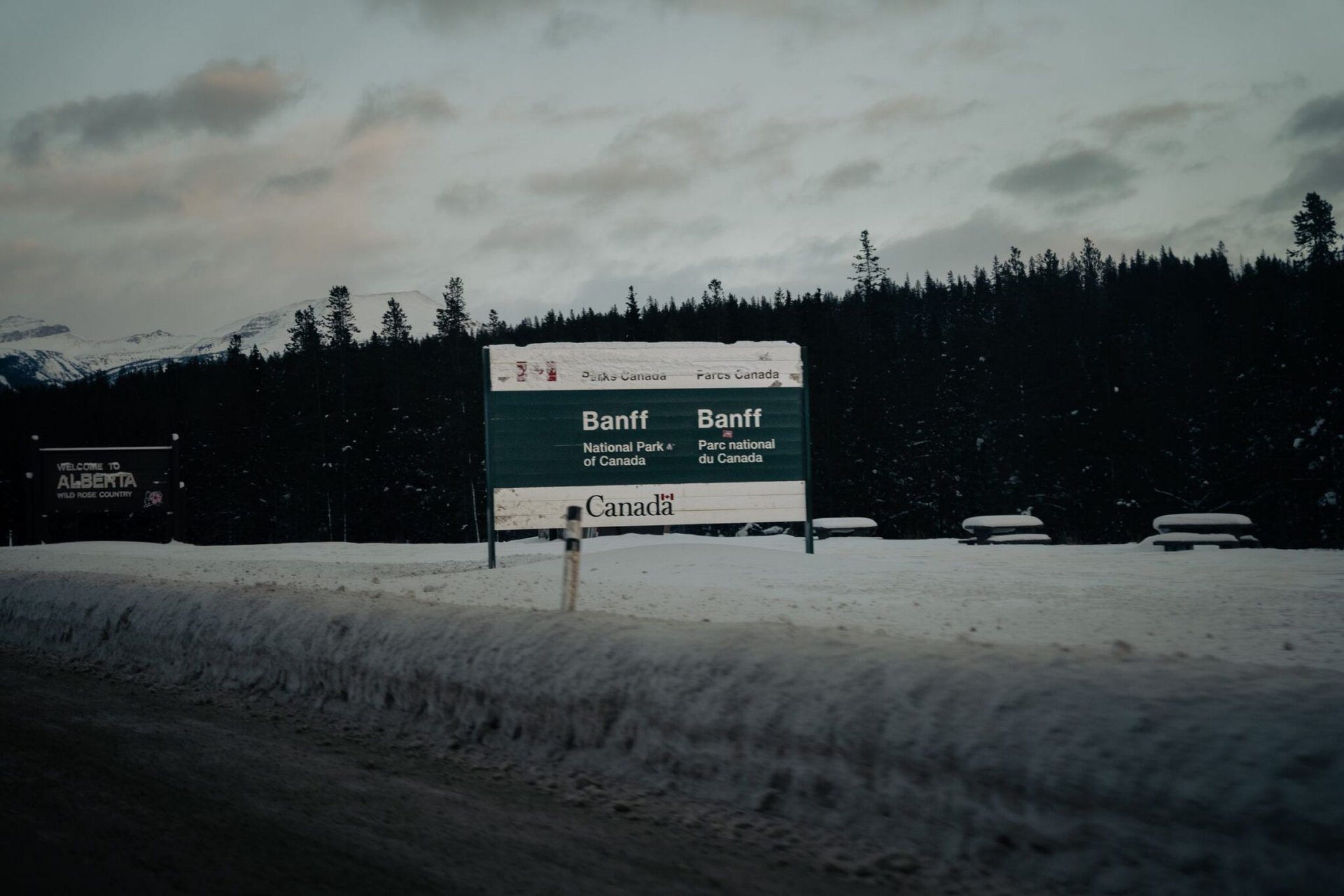 Snowy entrance to Banff National Park, Alberta, Canada.
