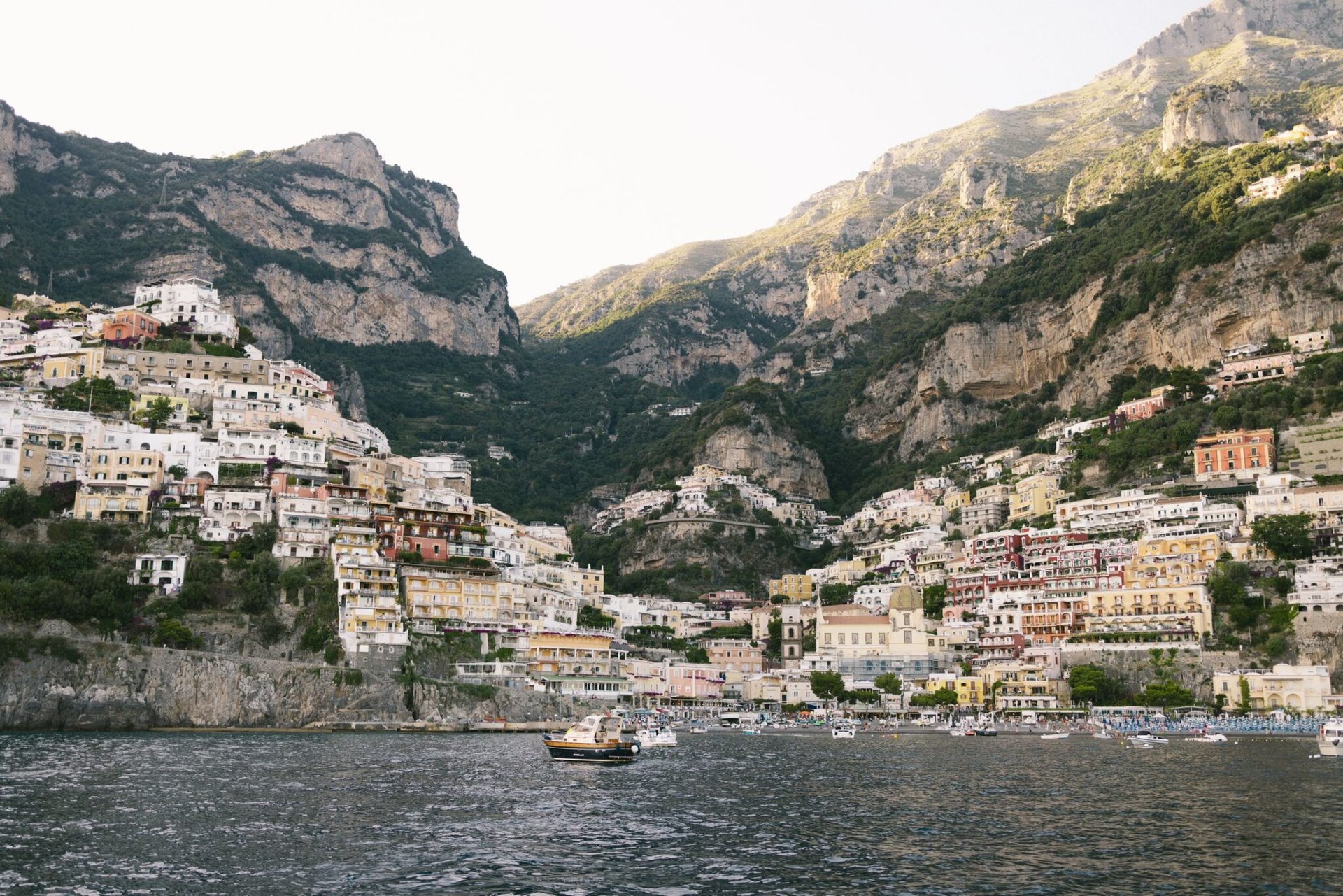 Stunning view of Positano with colorful houses on the cliff along the Amalfi Coast, Italy.