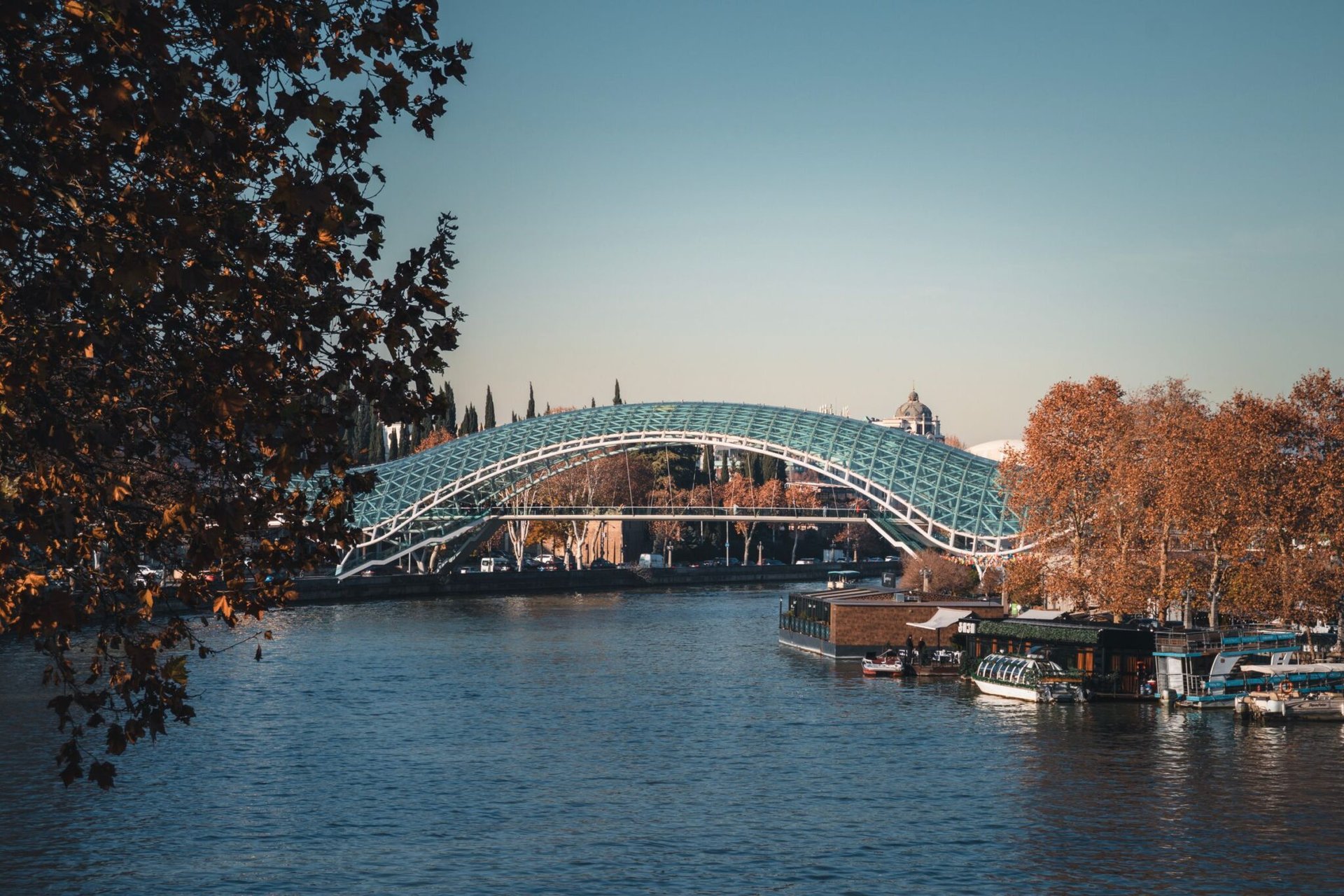 Scenic view of the Peace Bridge spanning the Kura River in Tbilisi, Georgia.