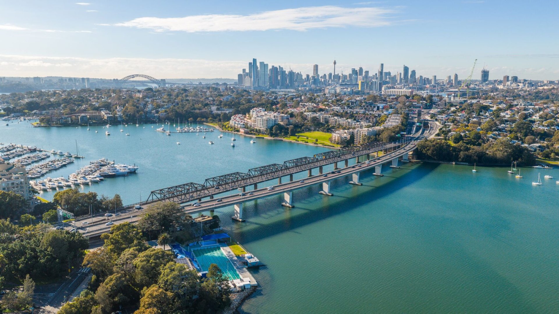 A stunning aerial view of Sydney showcasing its iconic skyline, bridge, and harbor.