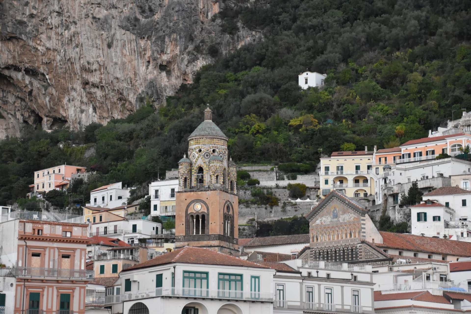 Scenic view of the iconic Amalfi Cathedral and surroundings in Italy's Campania region.